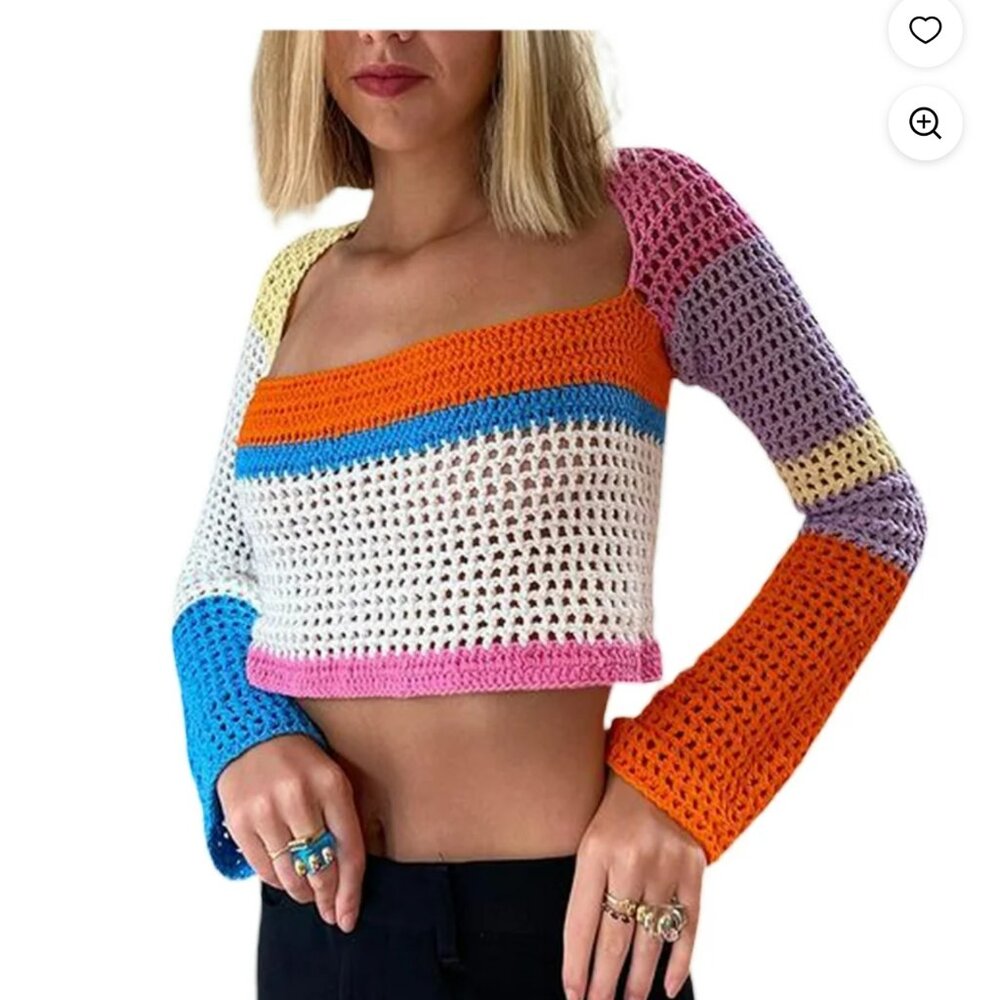 Crochet Crop Y2K Retro Festival Square Neck‎ Top Women M Colorblock Boho Sleeves